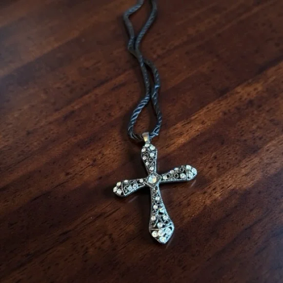 Rhinestone Cross Pendant Necklace - Silver Tone - Picture 5 of 6
